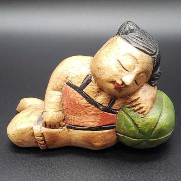 Hand Carved Vintage Wooden Sleeping Girl on Watermelon or Beach Ball Figurine - Picture 2 of 7